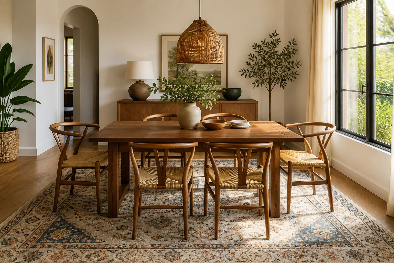 Salle à manger avec tapis décoratif sous table