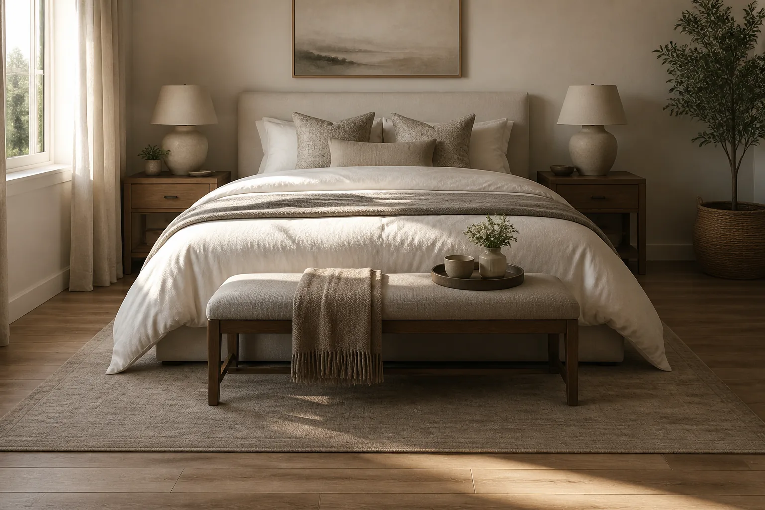Chambre avec tapis doux au pied du lit