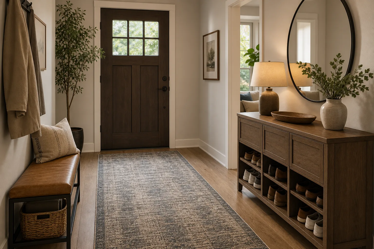 Entrée avec tapis et décoration naturelle