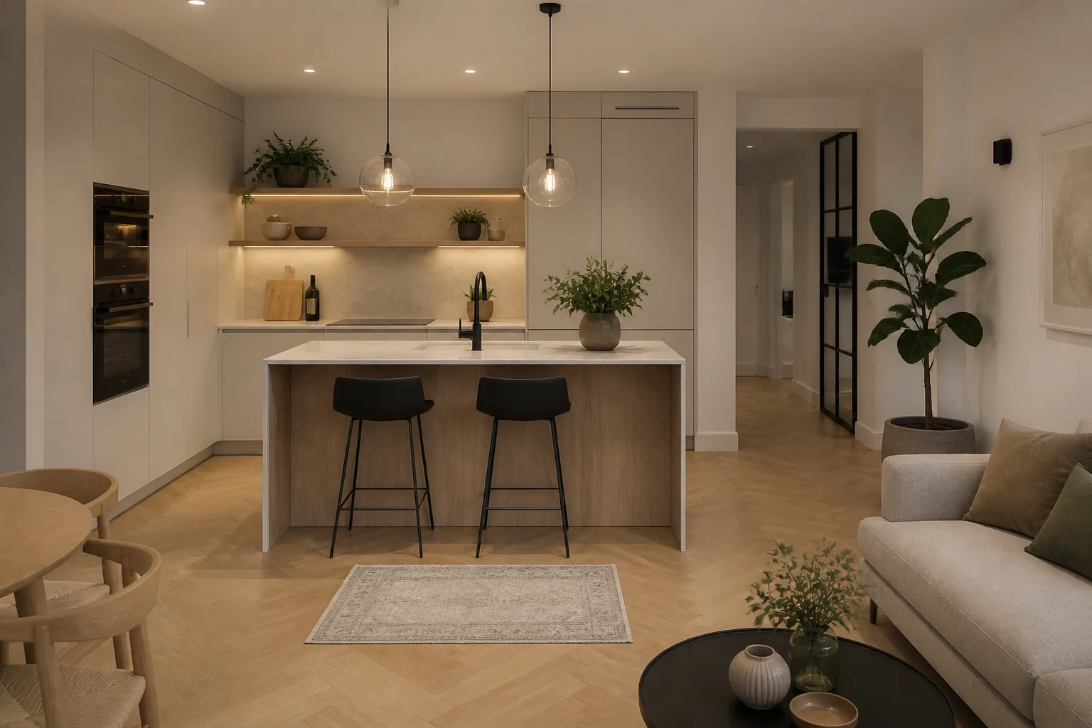 Cuisine ouverte avec petit tapis lavable
