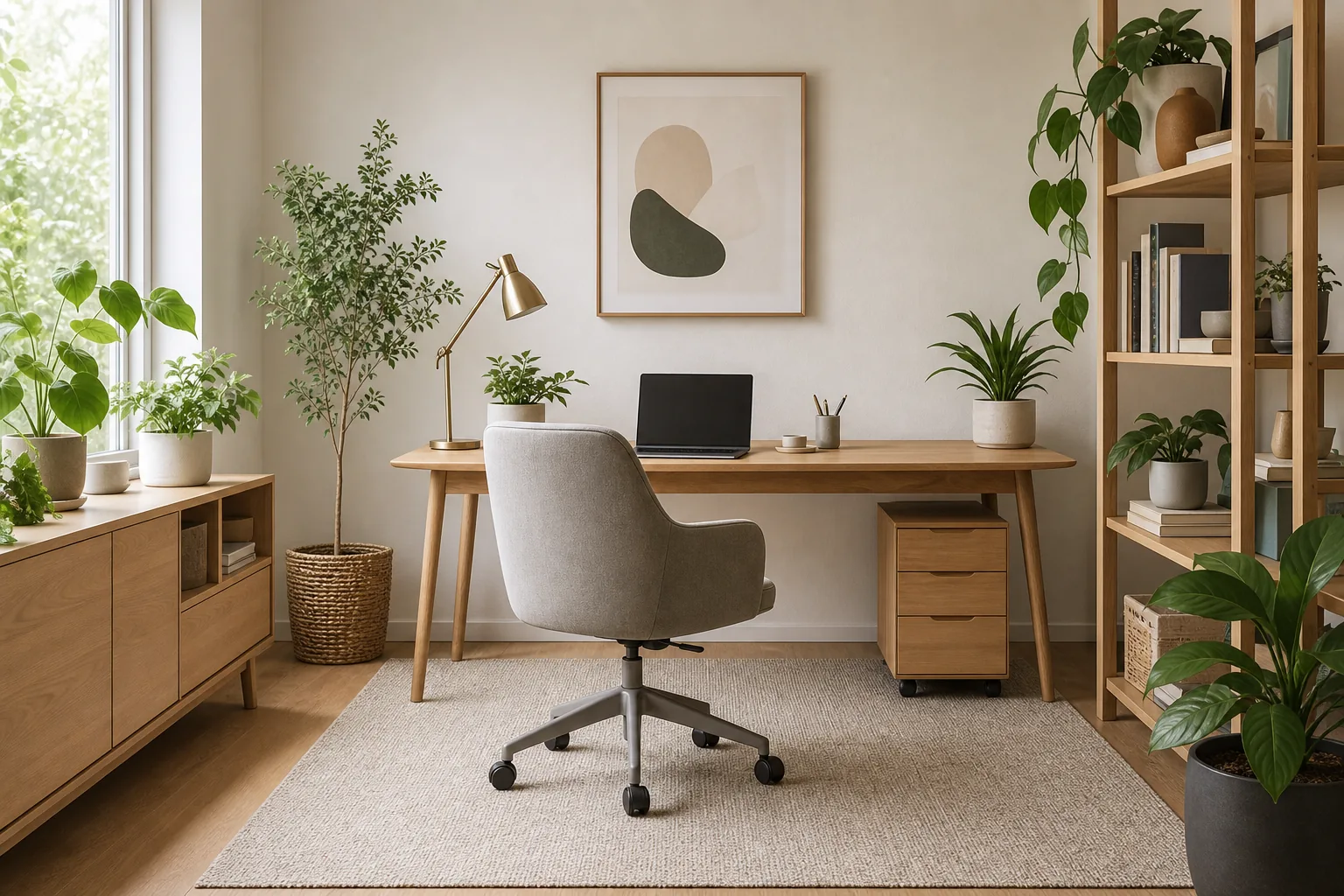 Bureau à domicile avec tapis bas sous chaise
